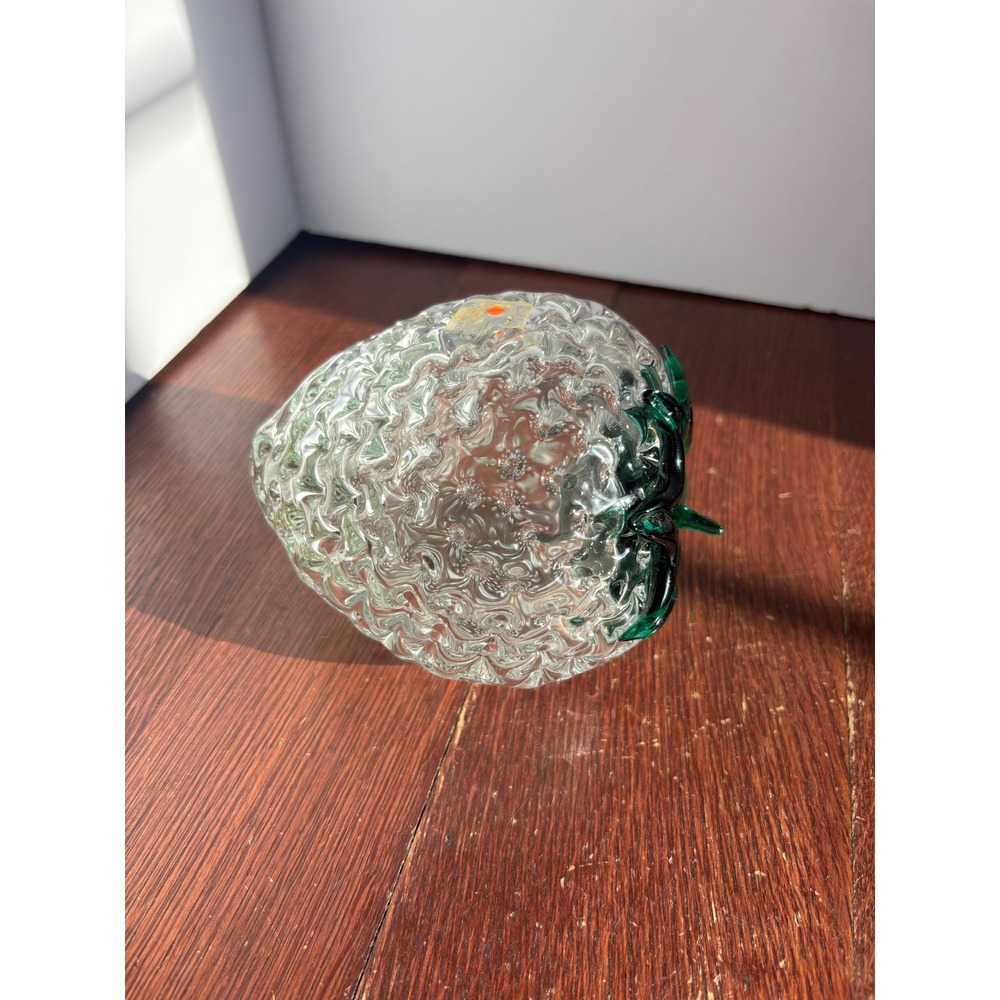 Blenko Art Glass Strawberry Paperweight Clear Green Stem Handmade Figurine